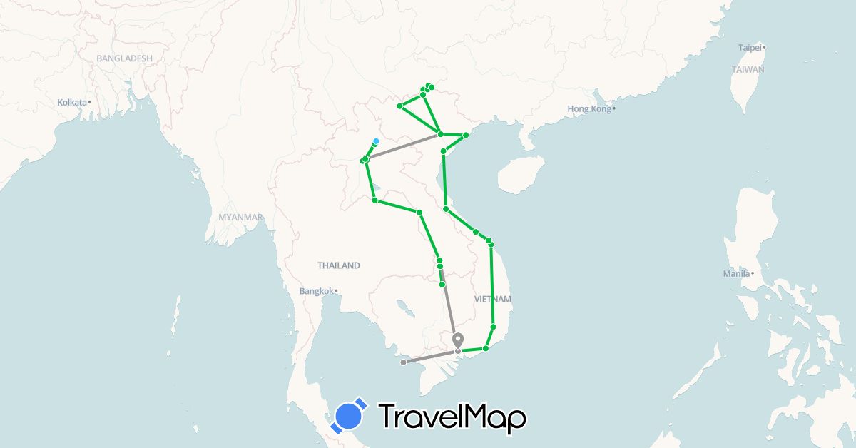 TravelMap itinerary: driving, bus, plane, boat in Laos, Vietnam (Asia)